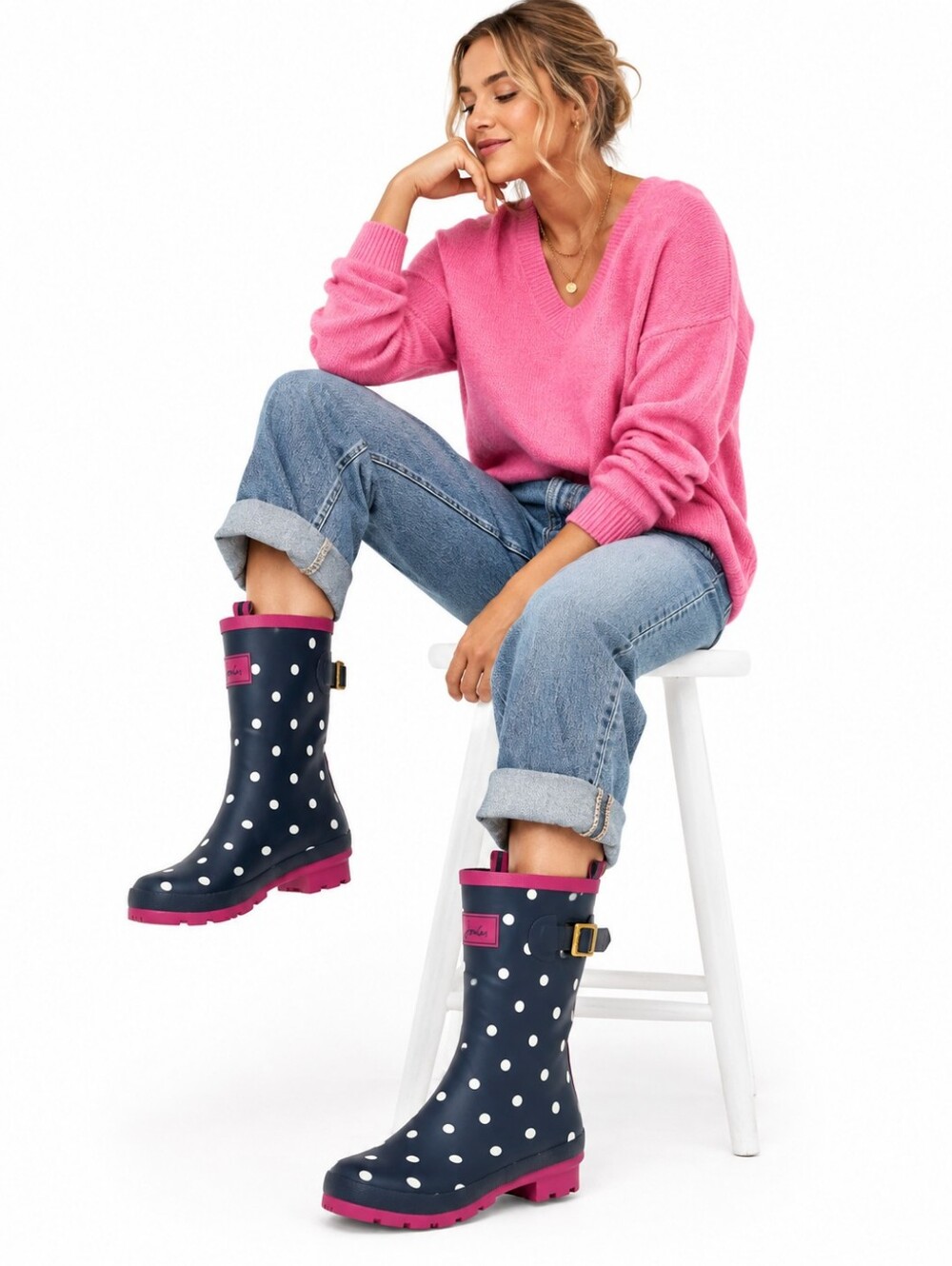 Joules Molly Welly Navy Polka Dot Pink Rain Boots Size US 8